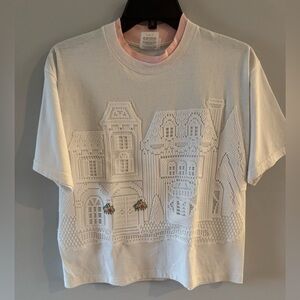 Jerzees White Kids T-Shirt with Pink Trim and Embroidered House Design